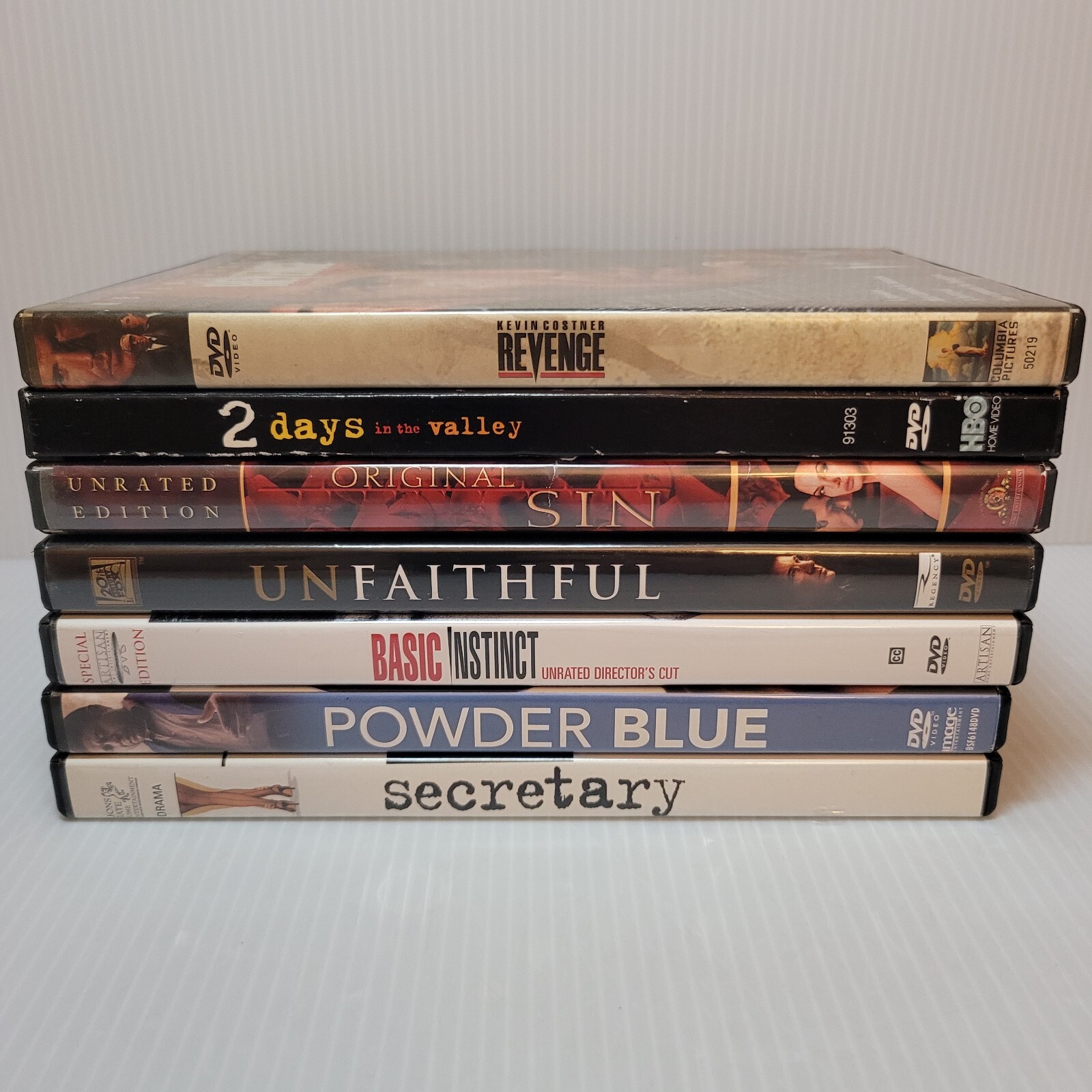 7 DVD Thriller Erotic Lot #1 ~Powder Blue, Basic Instinct, Secretary, Unfaithful
