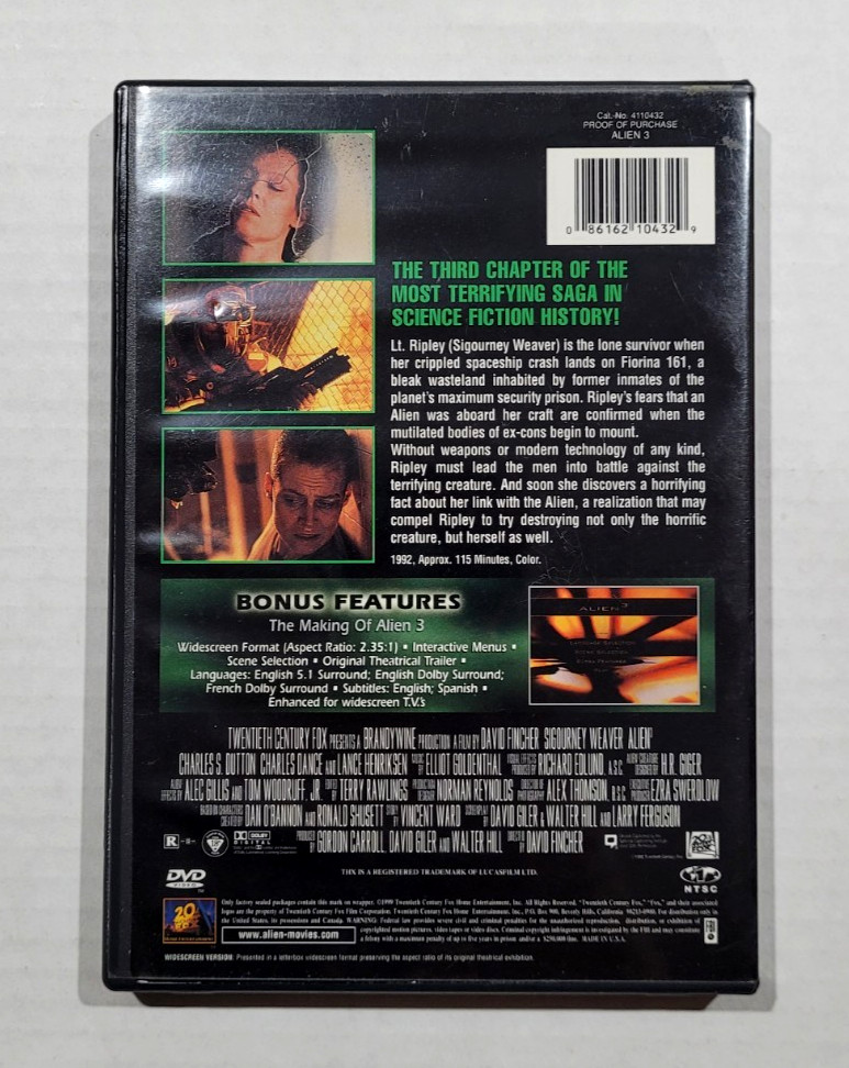 Alien³ (1992, DVD, 20th Century Fox) Sigourney Weaver, Charles S. Dutton