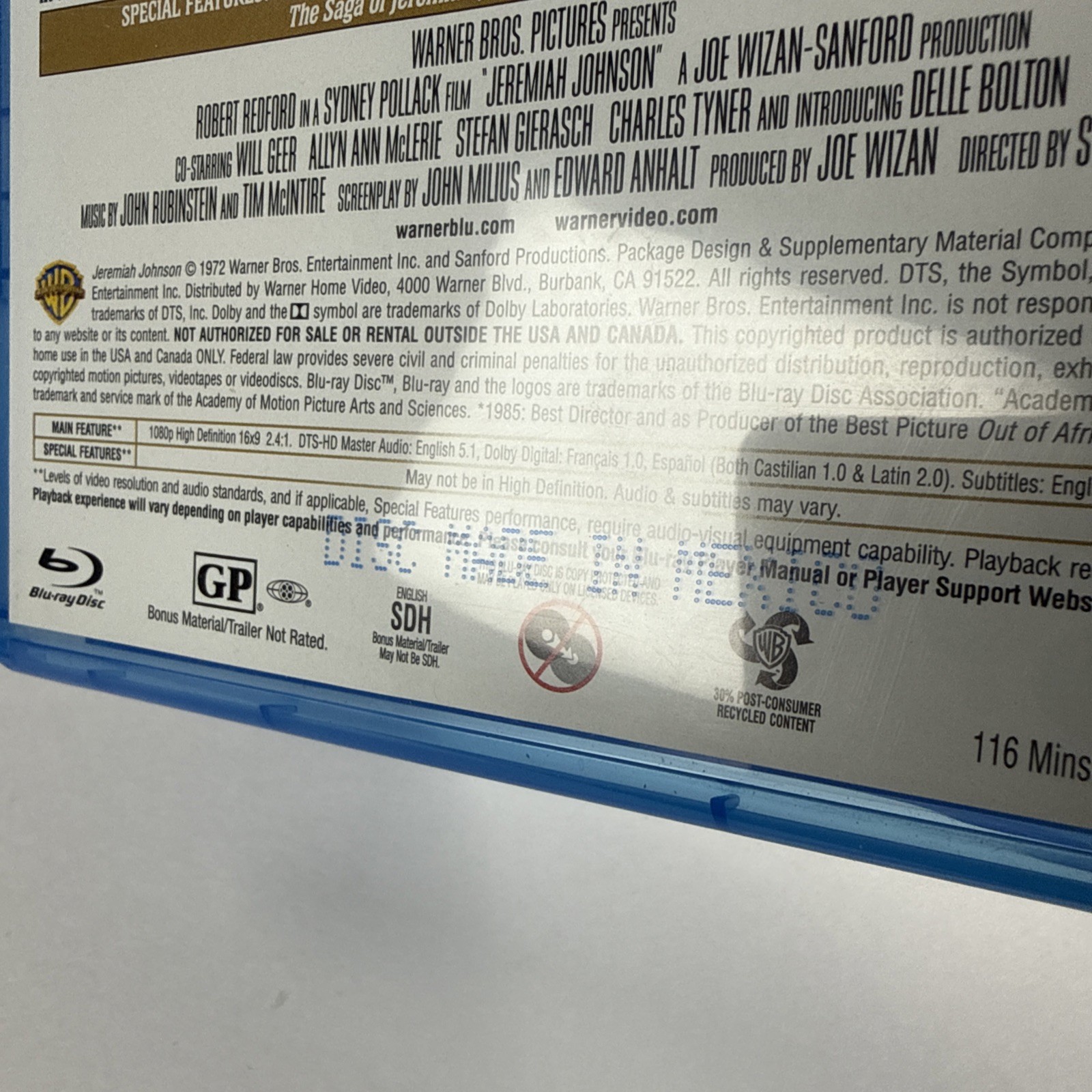 Jeremiah Johnson [Blu-Ray Disc, 1972] Sydney Pollack Western Robert Redford 2012