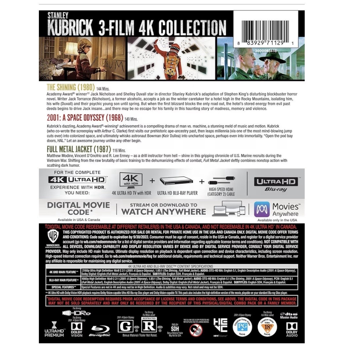 Stanley Kubrick 3 Movie Films Collection 4K Ultra HD Blu-ray Factory Sealed New