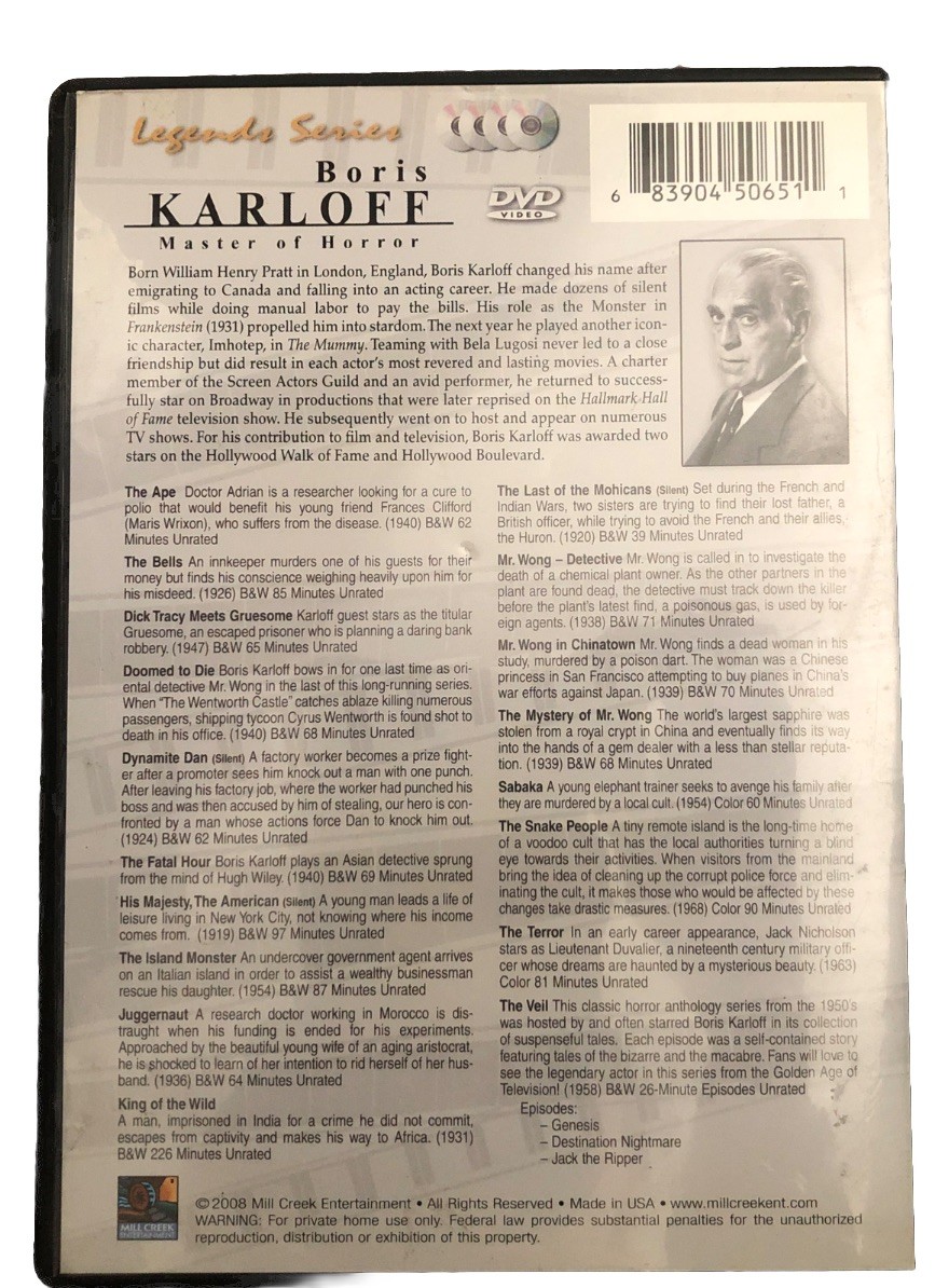 Boris Karloff Master Of Horror – 20 Movie Classics – Legends Series 1919-68 – VG