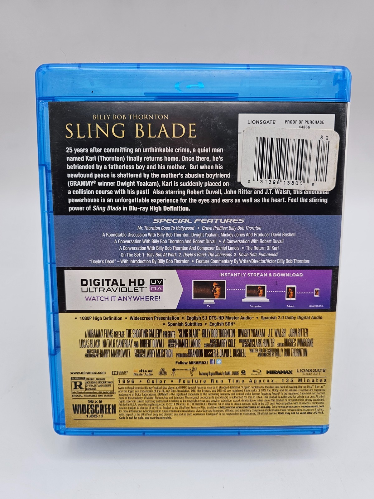 Sling Blade (Blu-ray, 1996) Billy Bob Thornton & Robert Duvall Rare & OOP