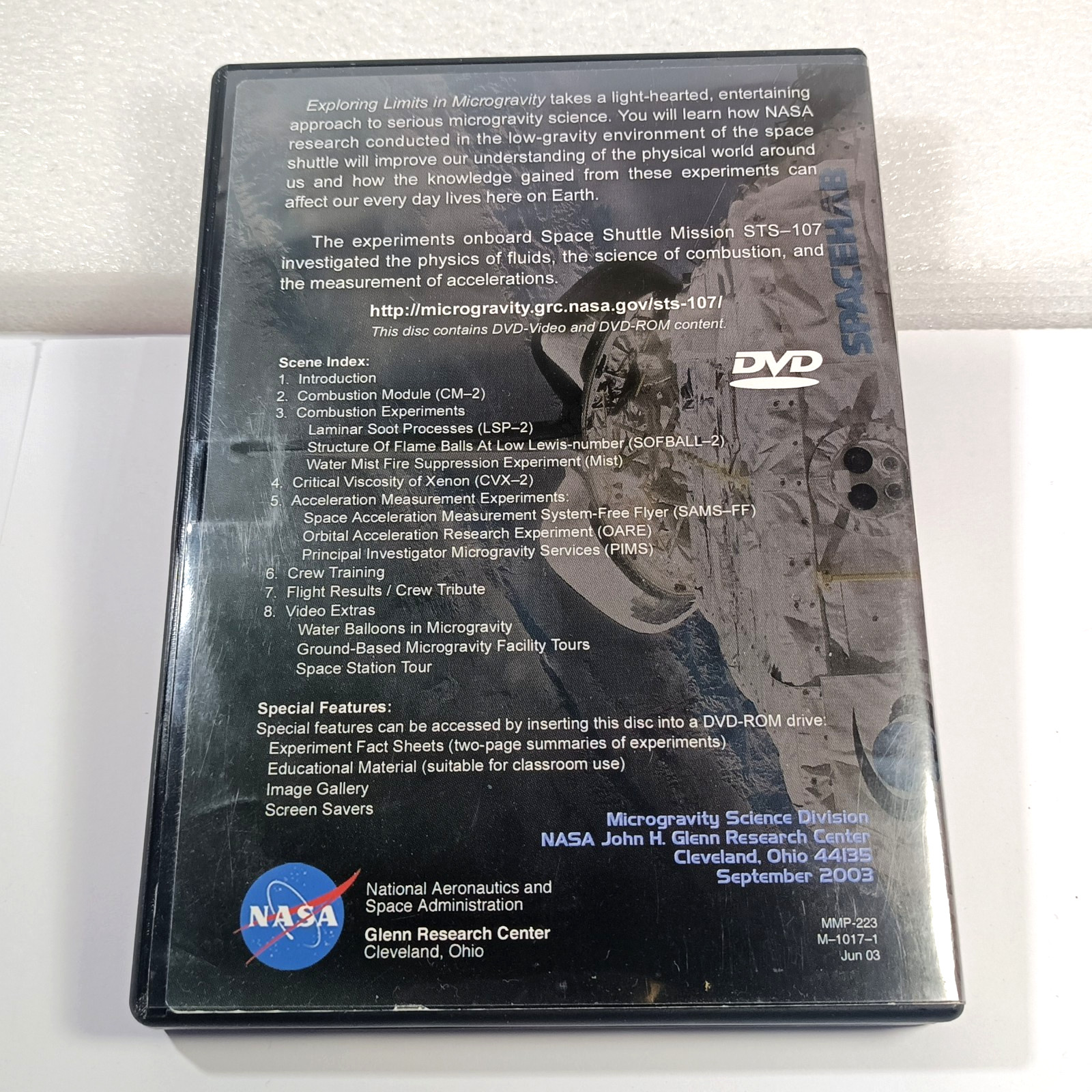 NASA Glenn Experiments on STS-107 Columbia space shuttle DVD 2003 tested