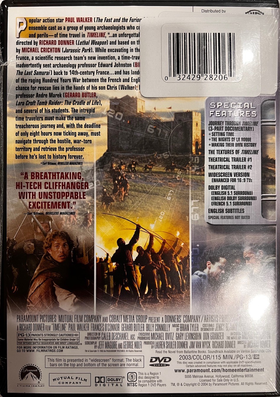 TIMELINE with Paul Walker Gerard Butler DVD New