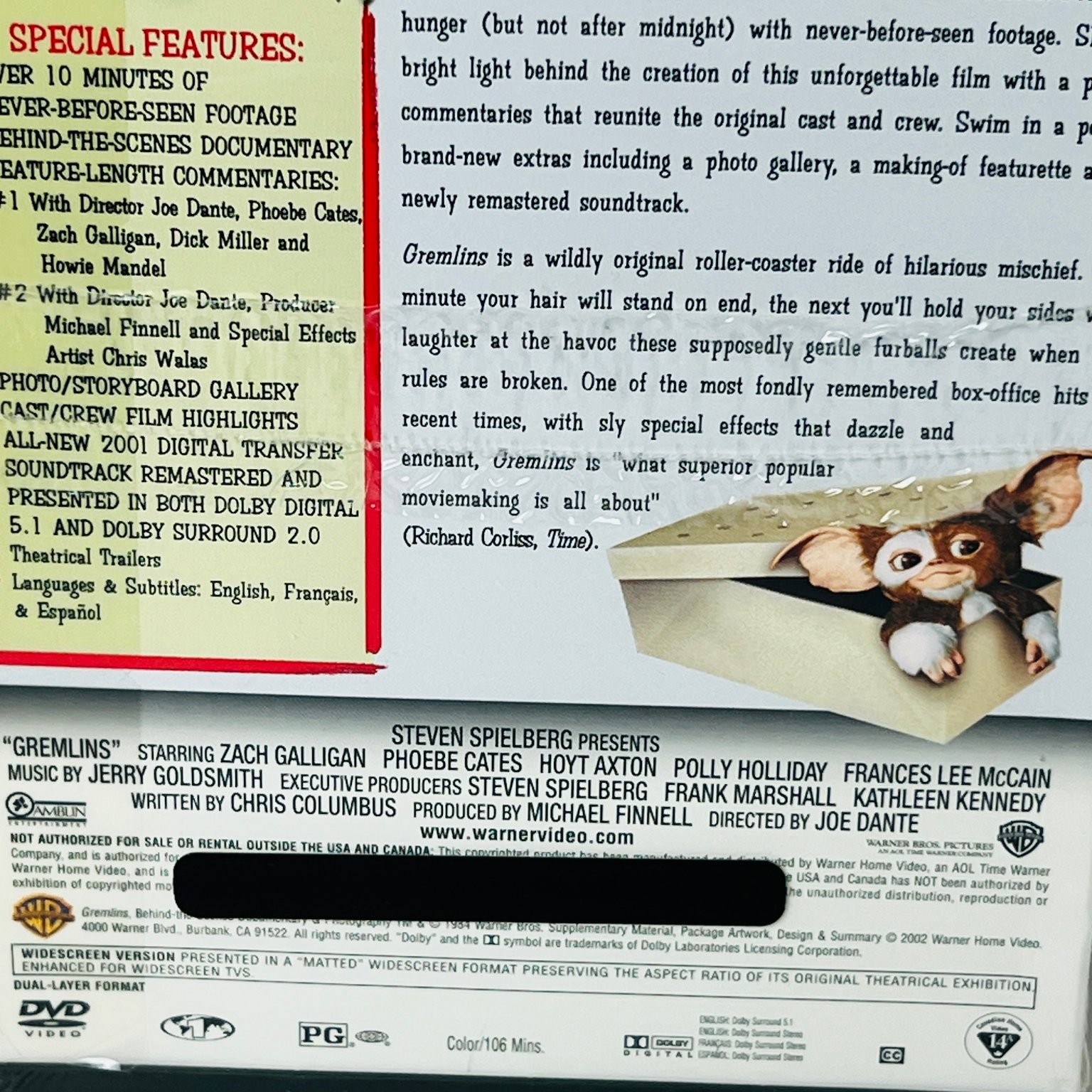 Gremlins DVD 2002 Special Edition Joe Dante Zach Galligan Phoebe Cates New
