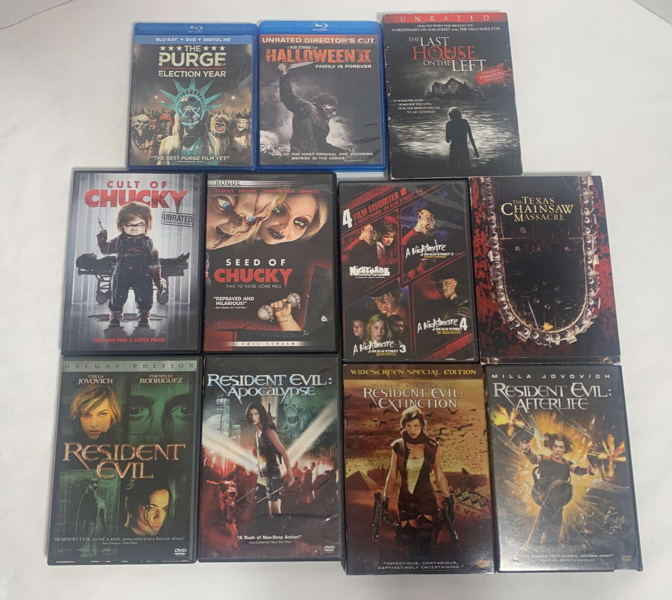 11x Horror DVD/Bluray Lot Chucky 4 Resident Evil Movies Purge Chainsaw Massacre