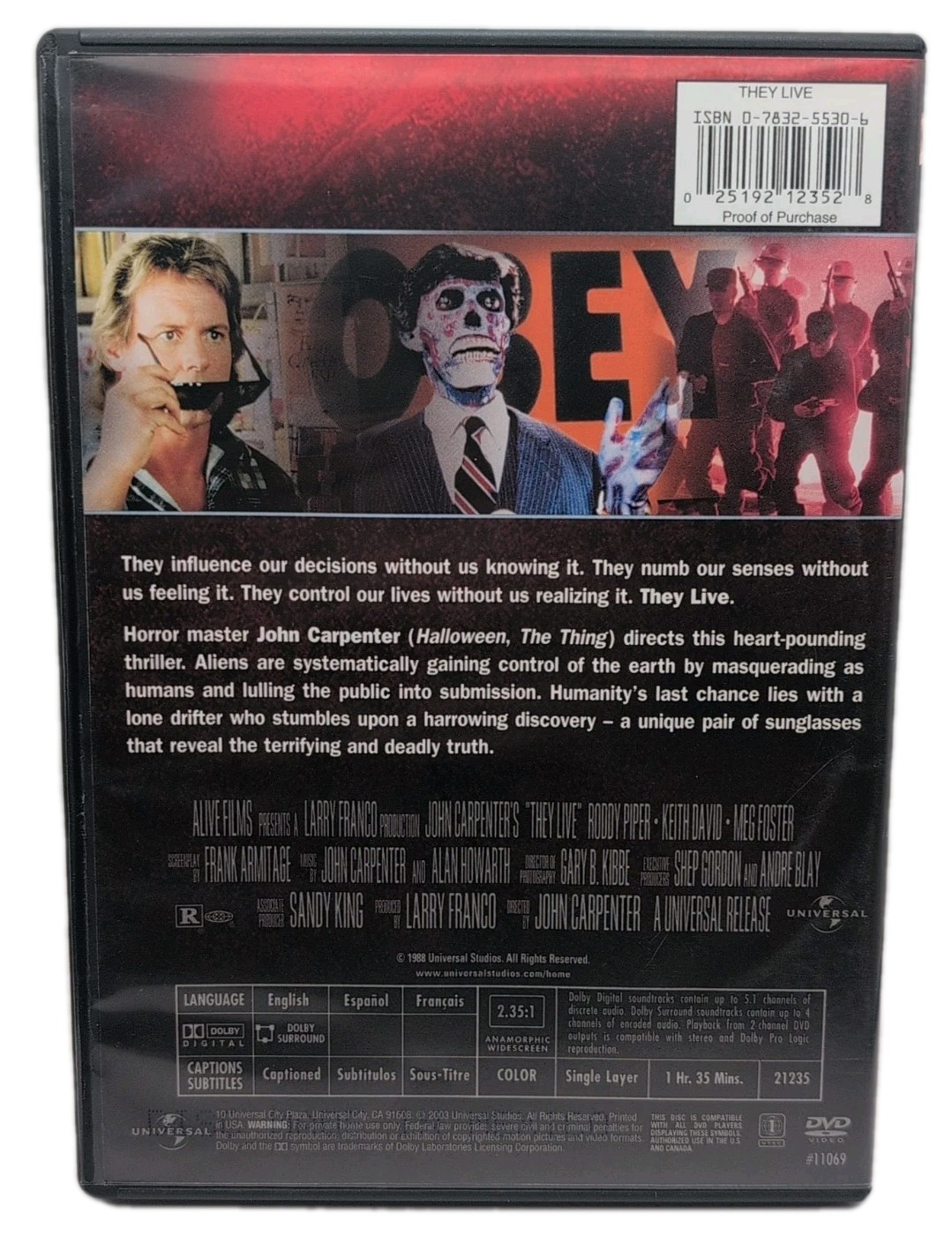 They Live (DVD, 1988) Widescreen – John Carpenter Sci-Fi Movie COMBINE SHIPPING