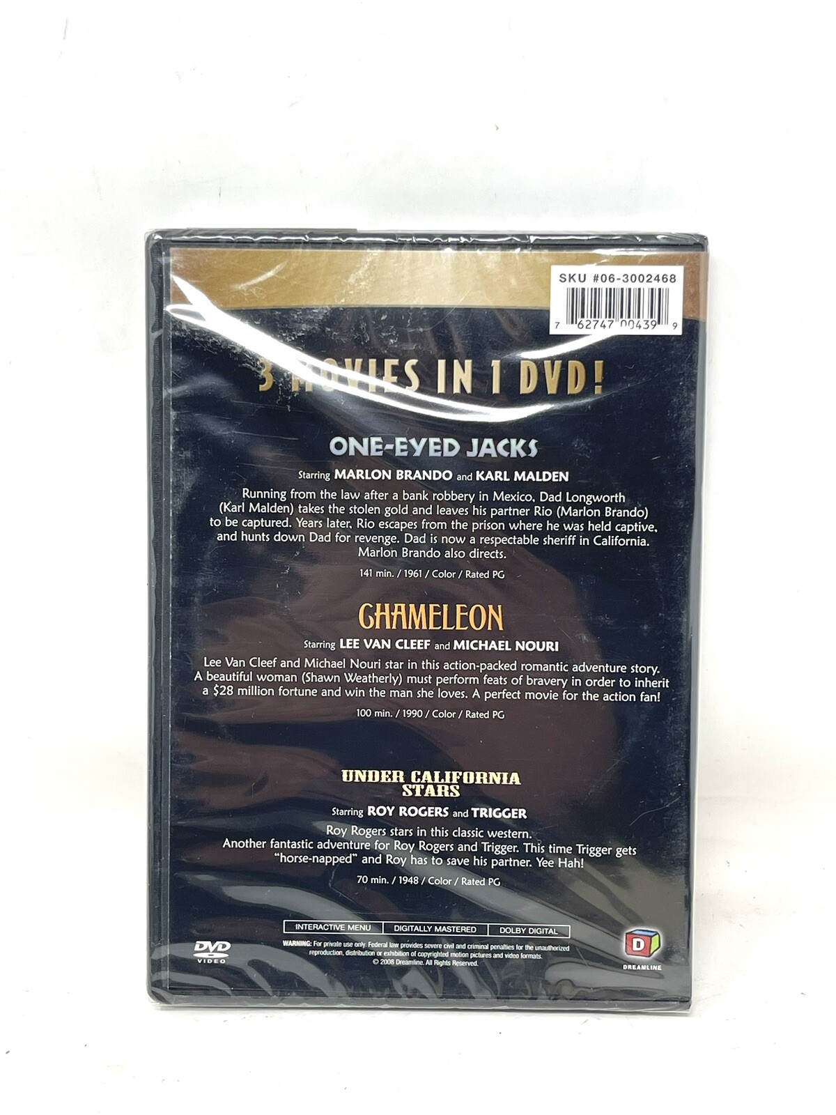 3 Full Length Features Chameleon, One-Eyed Jacks, Under California Stars DVD