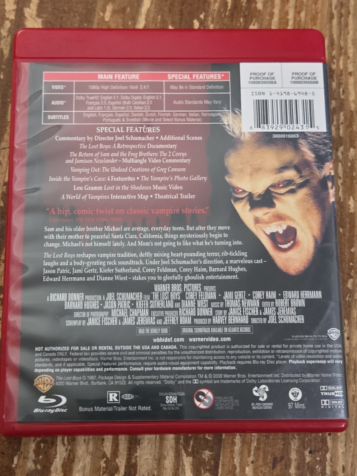 The Lost Boys Blu-ray Special Edition in A Blood Red Case! Vampires! LIKE NEW!