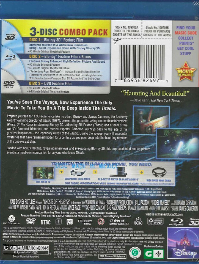 Disney, Ghost of the Abyss 3D, NEW Blu Ray & DVD Trip to Titanic, James Cameron