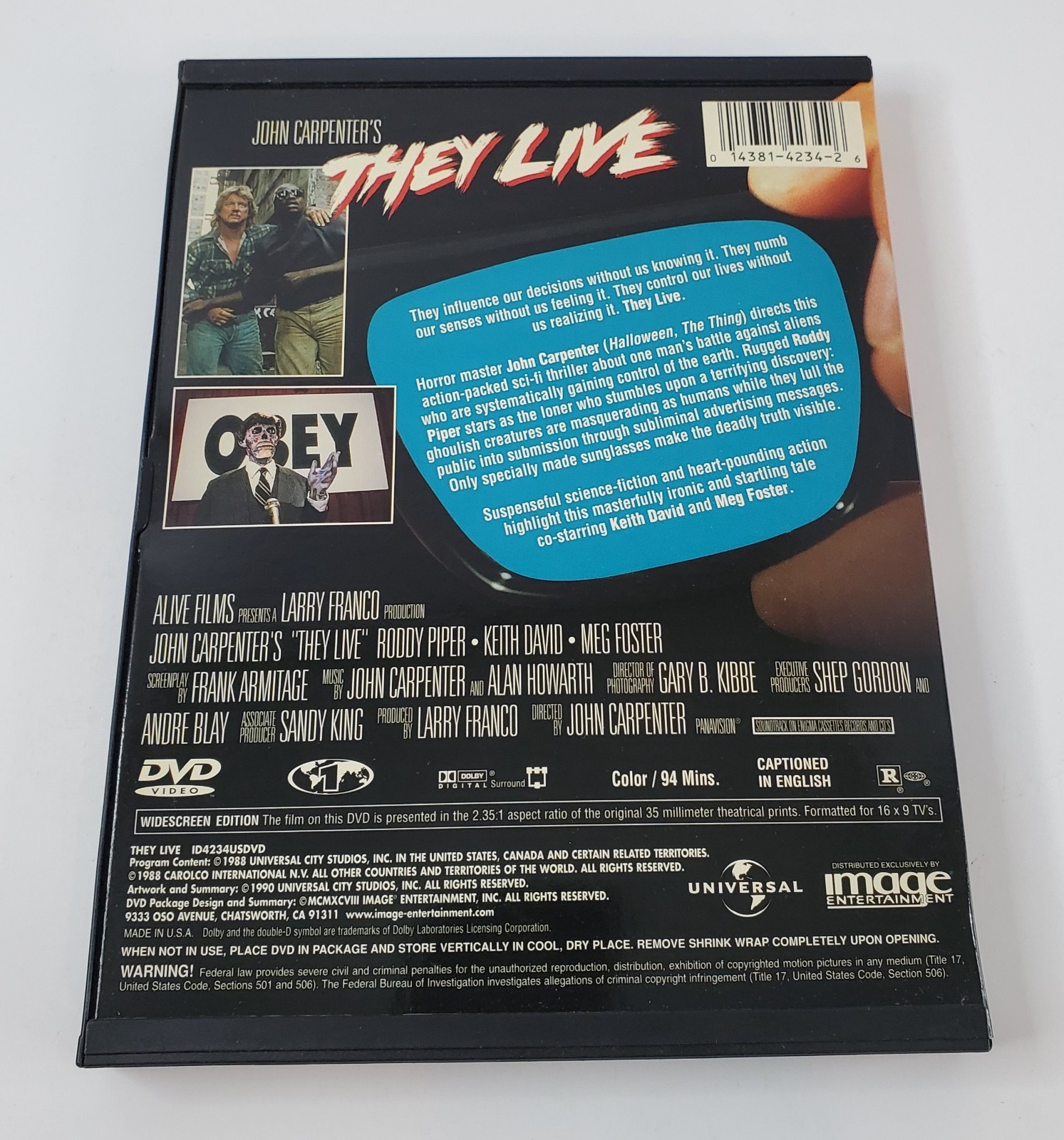 They Live DVD 1988 Roddy Piper John Carpenter Snapcase Widescreen