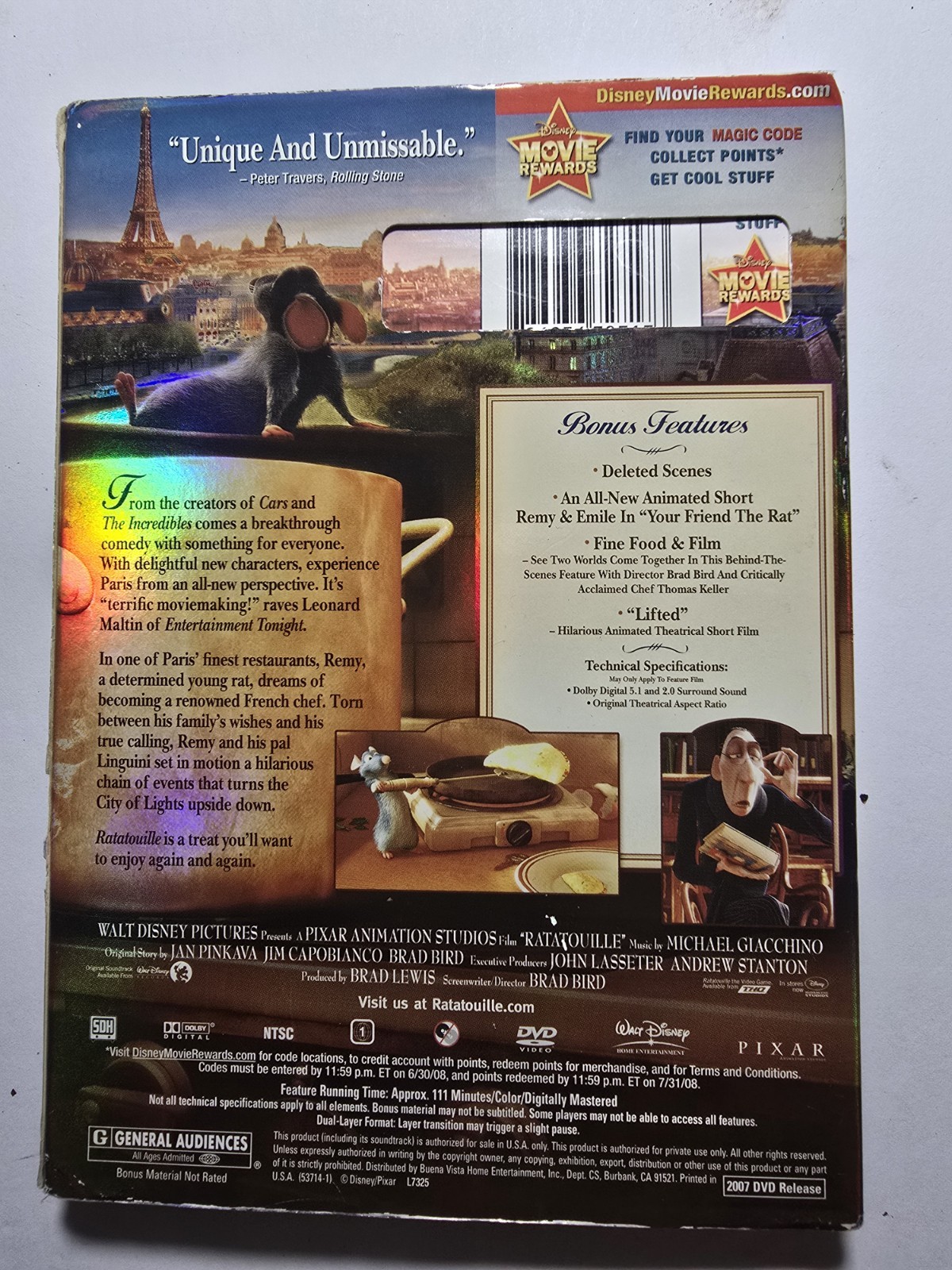 Walt Disney Pixar Ratatouille DVD Deleted Scenes G 2007 Region 1 111 min